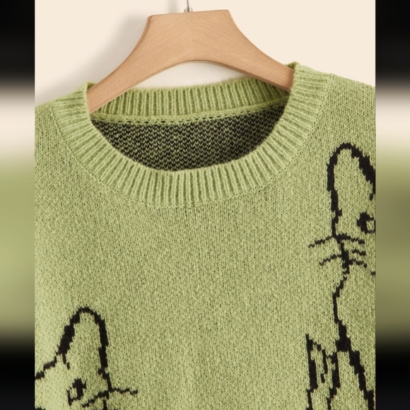 Abstract Cat Military Green Long Sleeve Crewneck Pullover Sweater - Picture 8 of 11